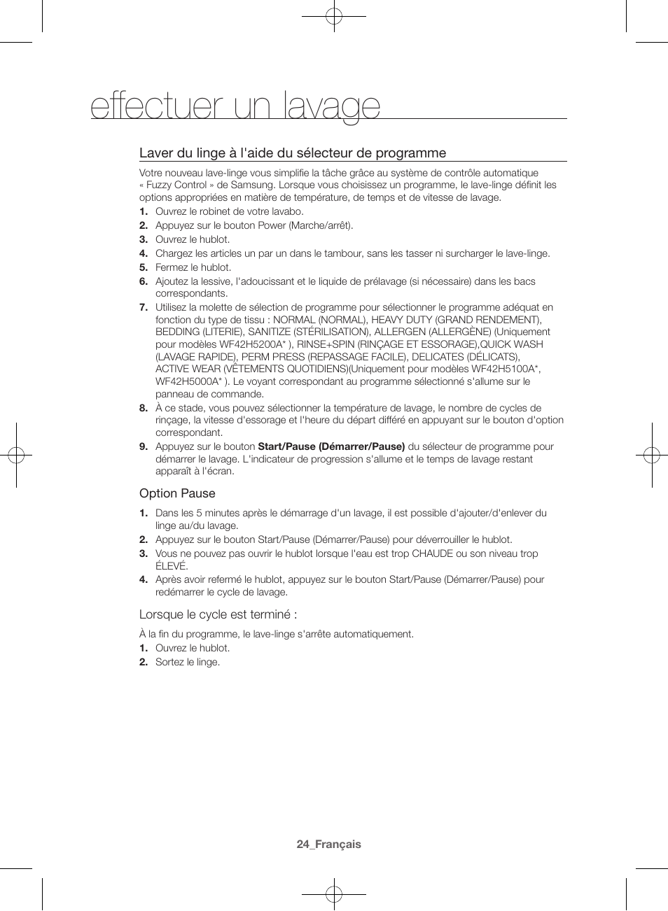 Effectuer un lavage, Laver du linge à l'aide du sélecteur de programme | Samsung WF42H5000AW-A2 User Manual | Page 68 / 132