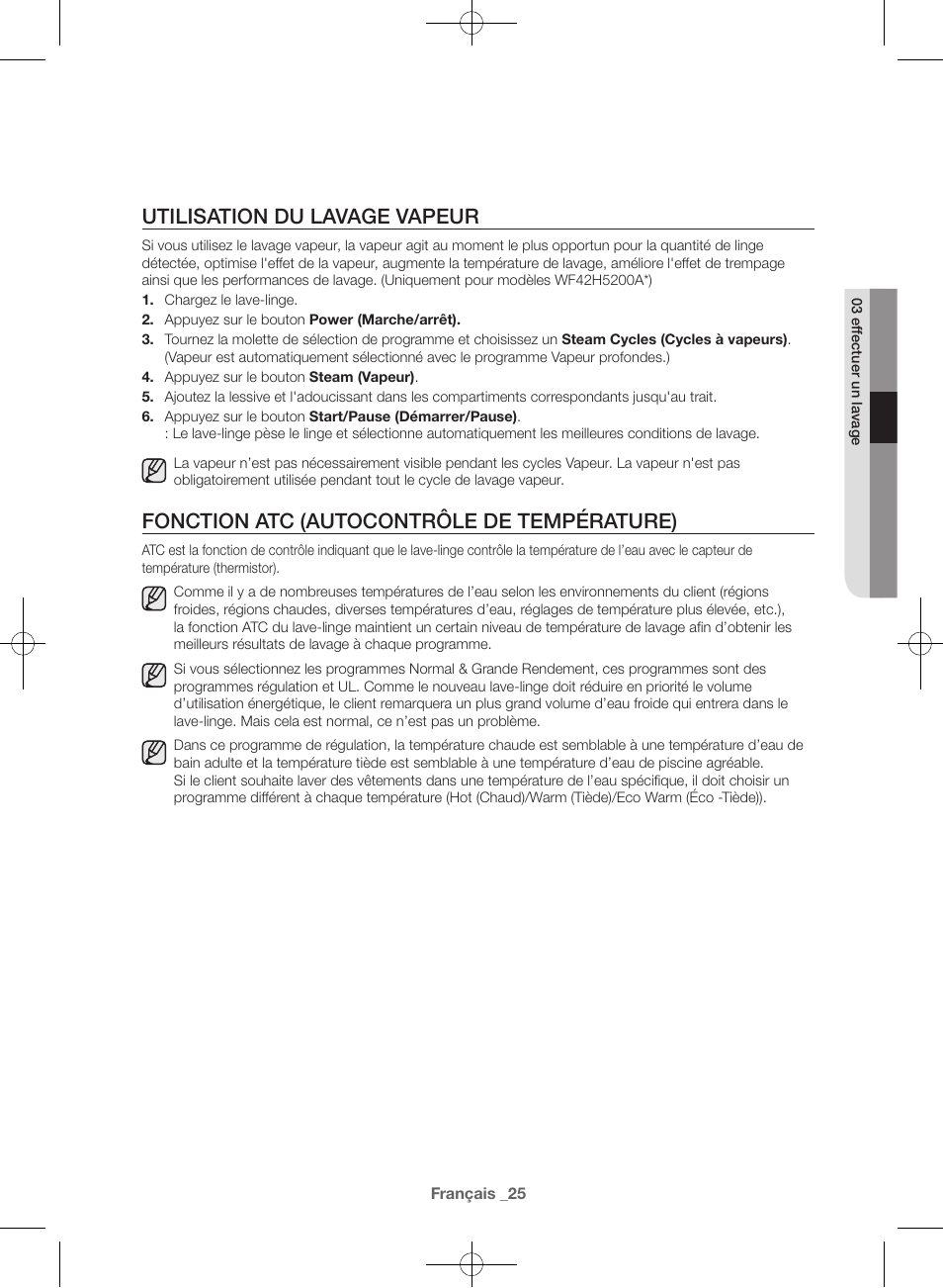 Utilisation du lavage vapeur, Fonction atc (autocontrôle de température) | Samsung WF42H5000AW-A2 User Manual | Page 69 / 132