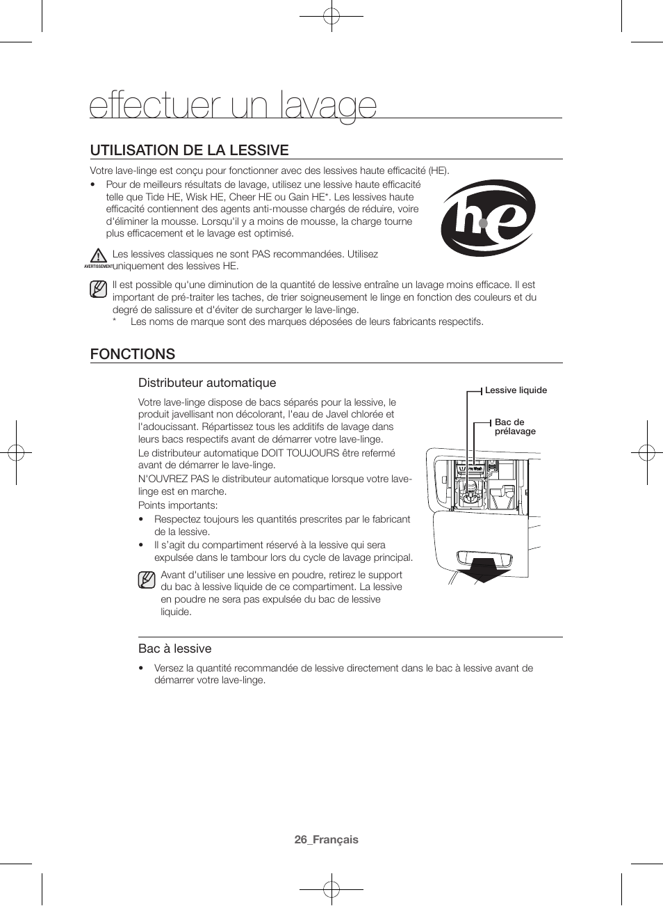 Effectuer un lavage, Utilisation de la lessive, Fonctions | Samsung WF42H5000AW-A2 User Manual | Page 70 / 132