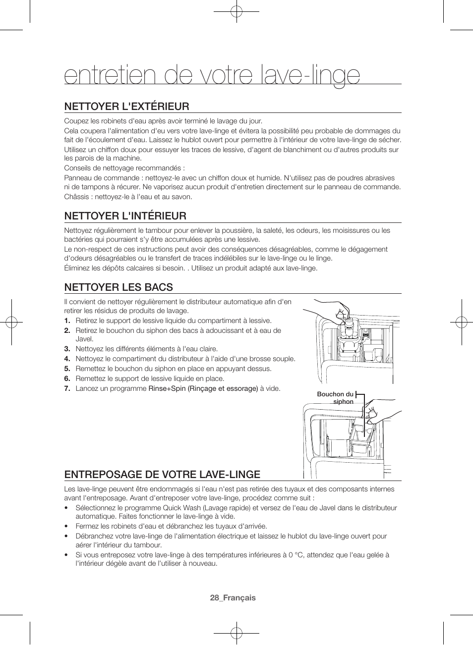 Entretien de votre lave-linge, Nettoyer l'extérieur, Nettoyer l'intérieur | Nettoyer les bacs, Entreposage de votre lave-linge | Samsung WF42H5000AW-A2 User Manual | Page 72 / 132