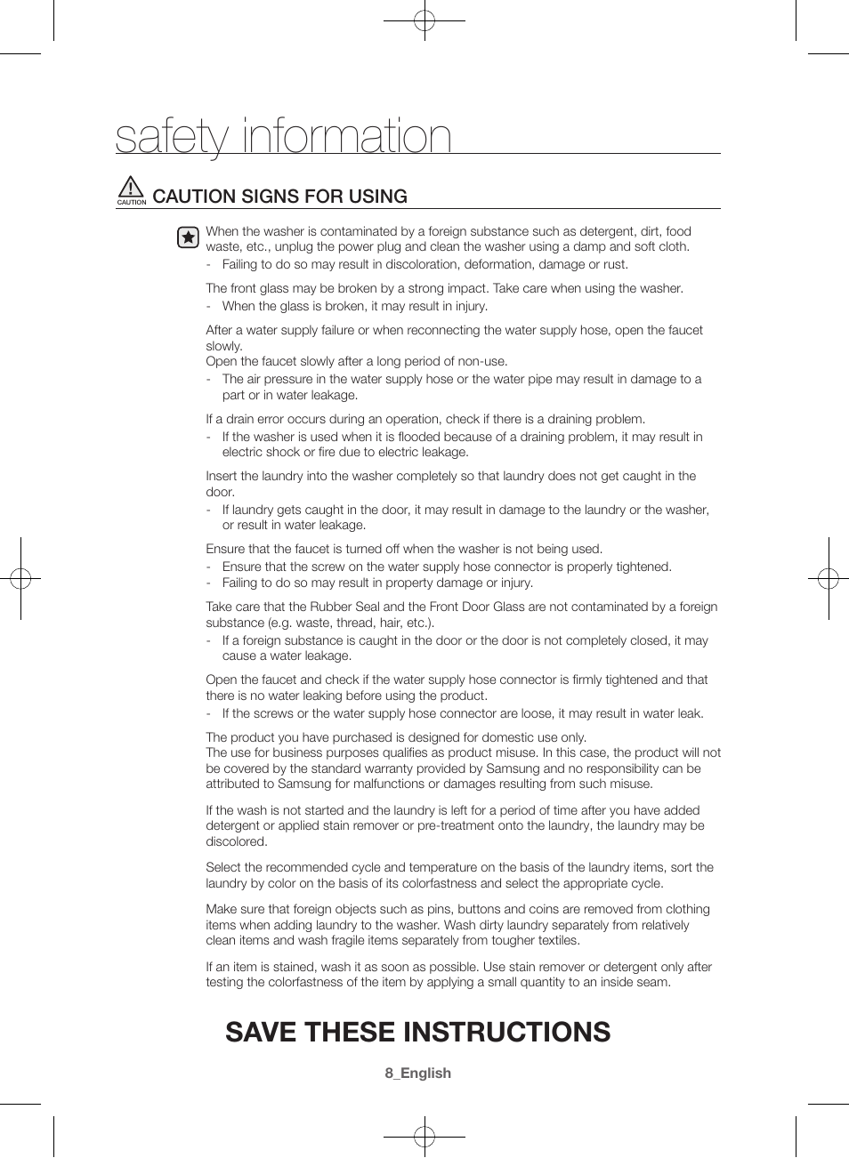 Safety information, Save these instructions, Caution signs for using | Samsung WF42H5000AW-A2 User Manual | Page 8 / 132