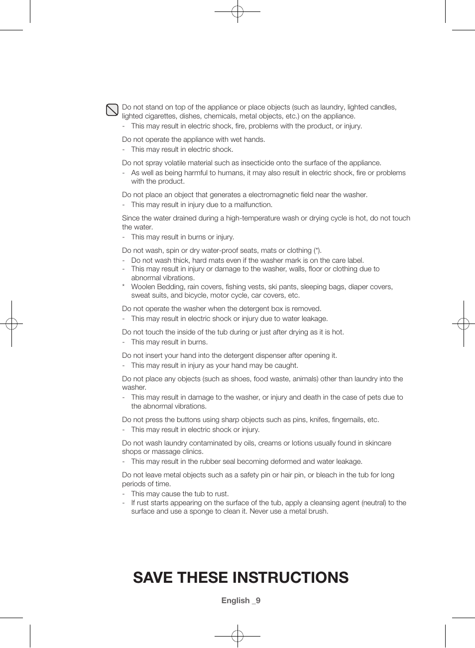 Save these instructions | Samsung WF42H5000AW-A2 User Manual | Page 9 / 132