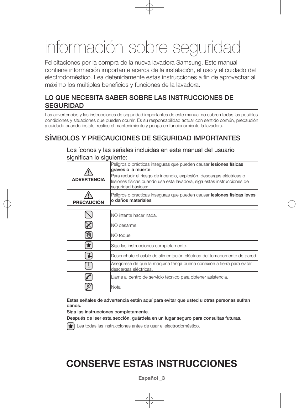 Información sobre seguridad, Conserve estas instrucciones, Símbolos y precauciones de seguridad importantes | Samsung WF42H5000AW-A2 User Manual | Page 91 / 132