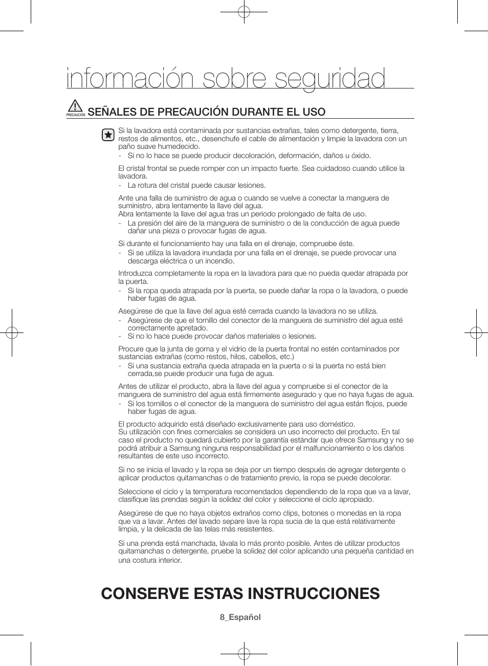 Información sobre seguridad, Conserve estas instrucciones, Señales de precaución durante el uso | Samsung WF42H5000AW-A2 User Manual | Page 96 / 132