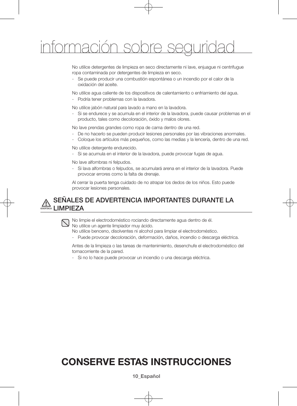 Información sobre seguridad, Conserve estas instrucciones | Samsung WF42H5000AW-A2 User Manual | Page 98 / 132