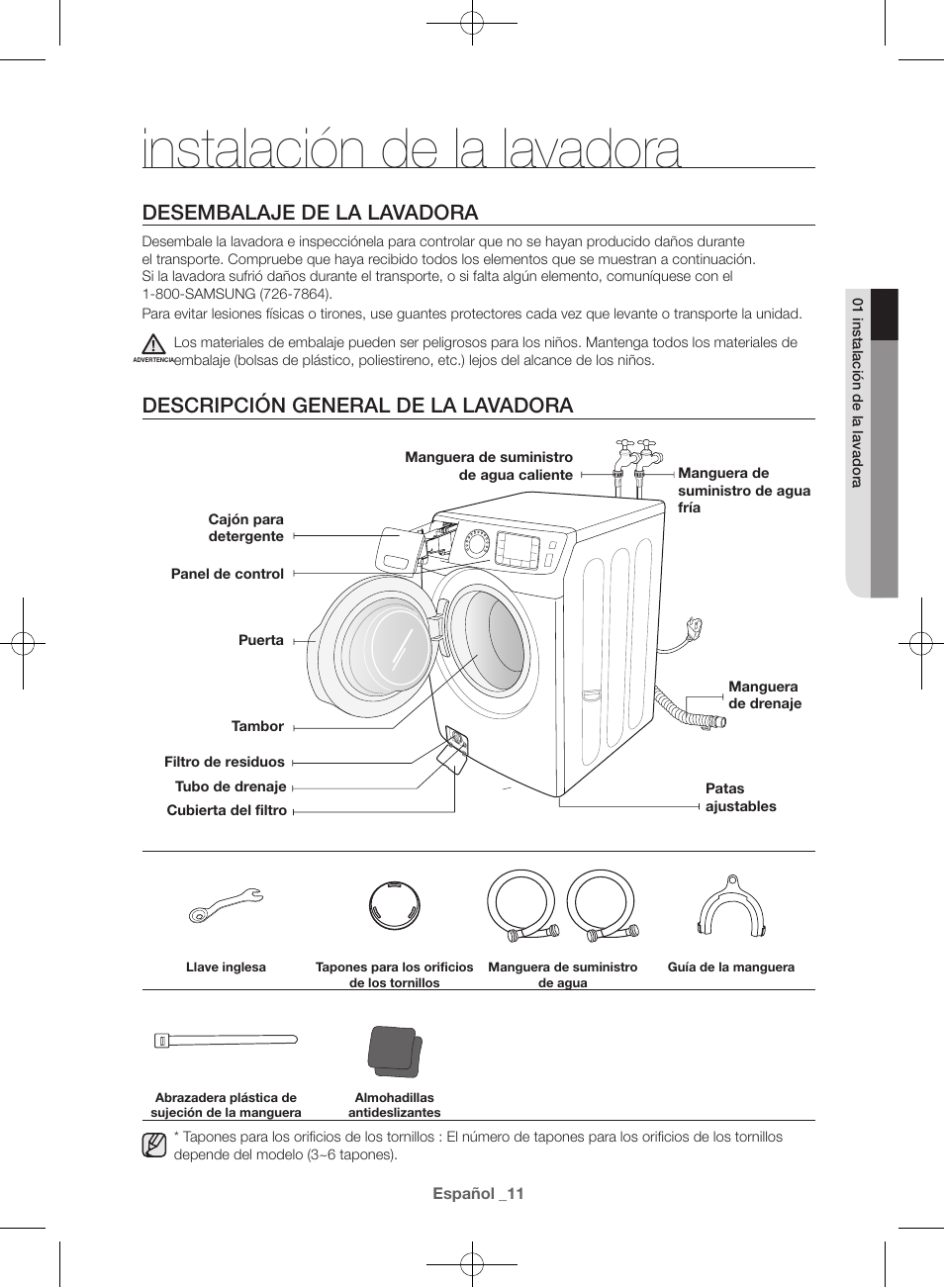 Instalación de la lavadora, Desembalaje de la lavadora, Descripción general de la lavadora | Samsung WF42H5000AW-A2 User Manual | Page 99 / 132