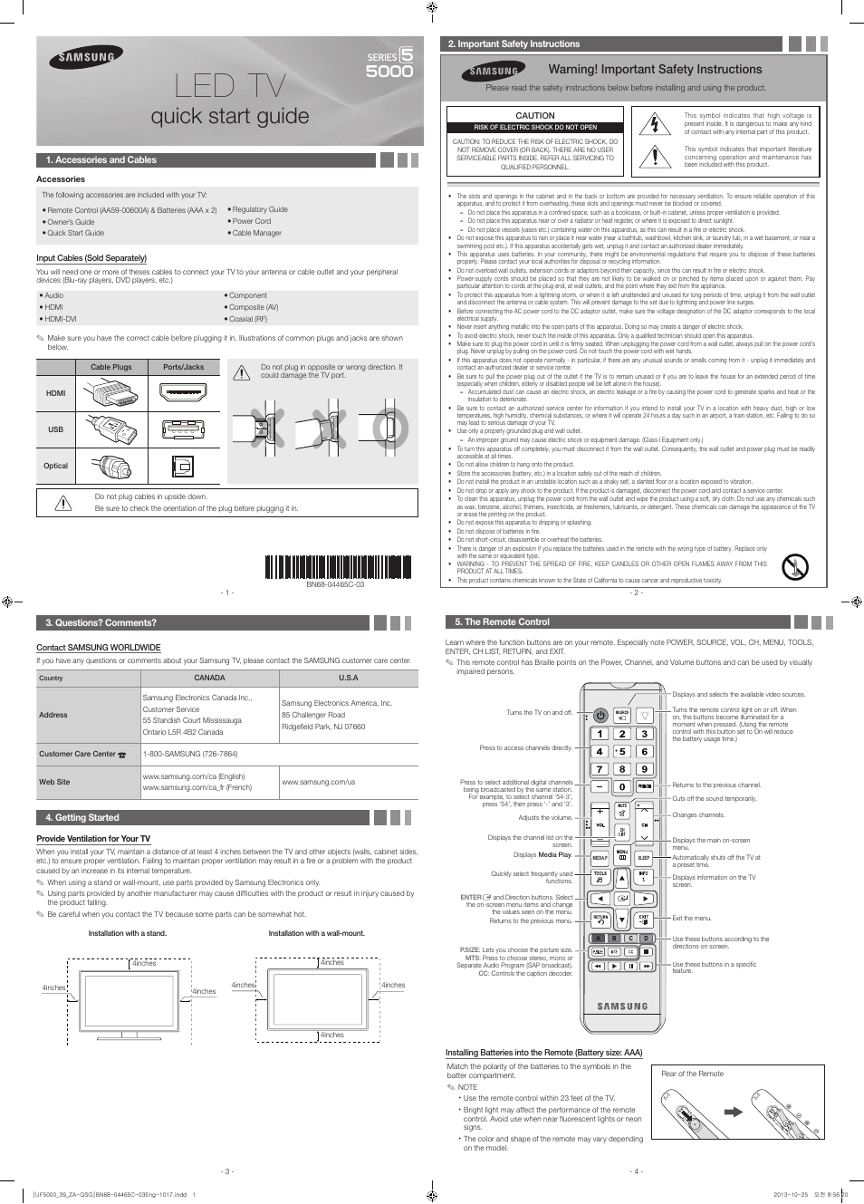 Samsung UN39FH5000FXZA User Manual | 2 pages