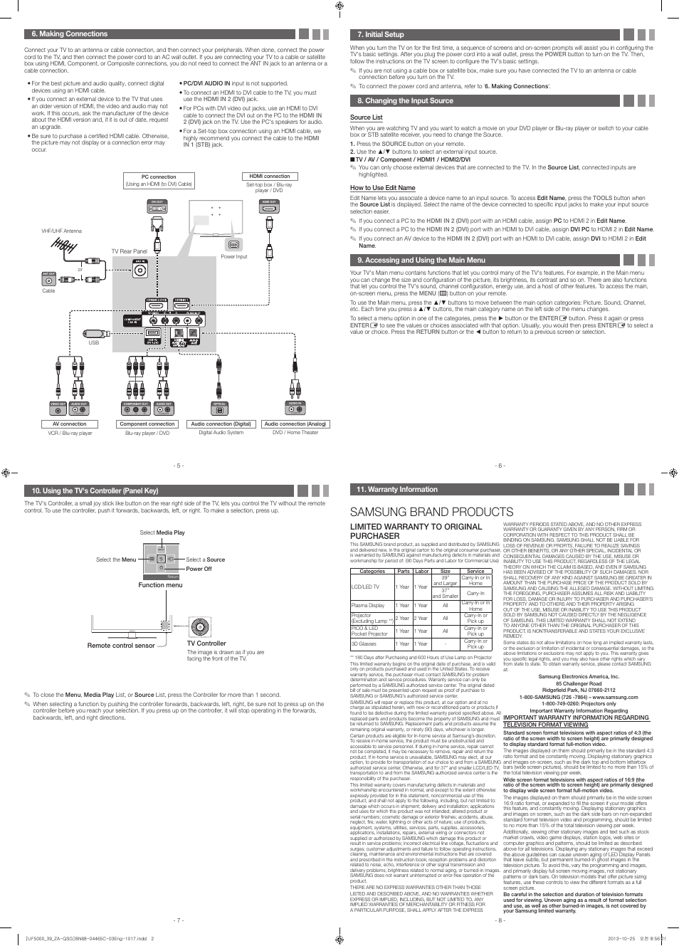 Samsung brand products, Limited warranty to original purchaser | Samsung UN39FH5000FXZA User Manual | Page 2 / 2