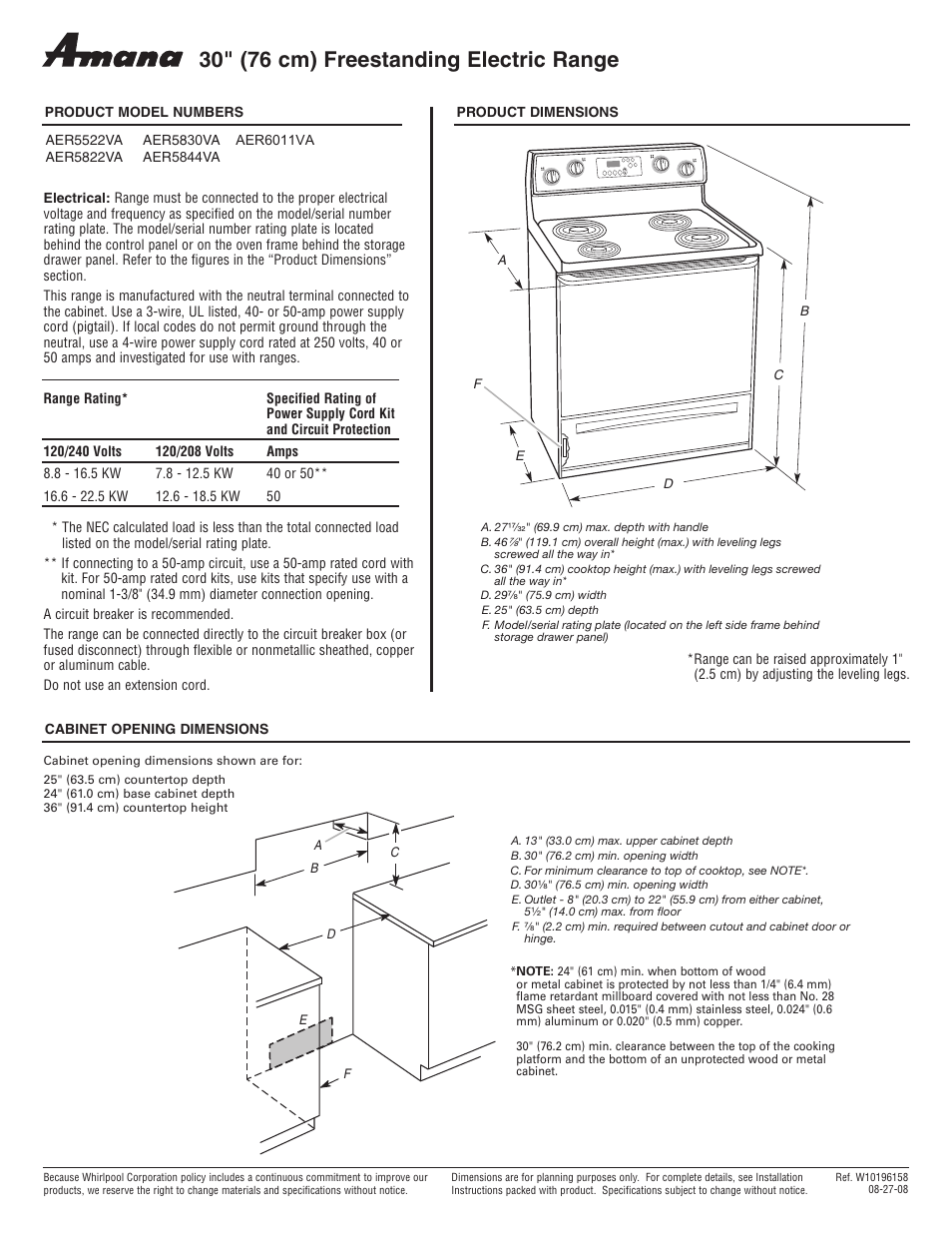 Amana AER5822VA User Manual | 1 page