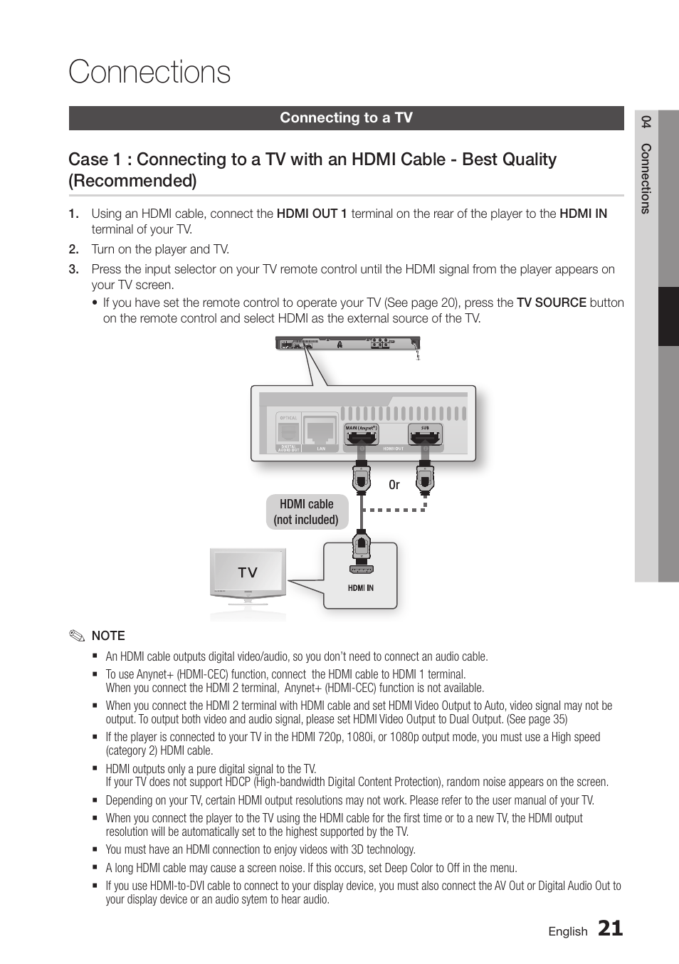 Connections, Connecting to a tv, 21 connecting to a tv | Case 1 : connecting to a tv with an hdmi cable, Best quality (recommended) | Samsung BD-D6700-ZA User Manual | Page 21 / 83