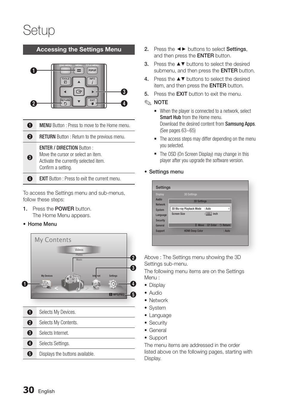 Accessing the settings menu, 30 accessing the settings menu, Setup | My contents | Samsung BD-D6700-ZA User Manual | Page 30 / 83