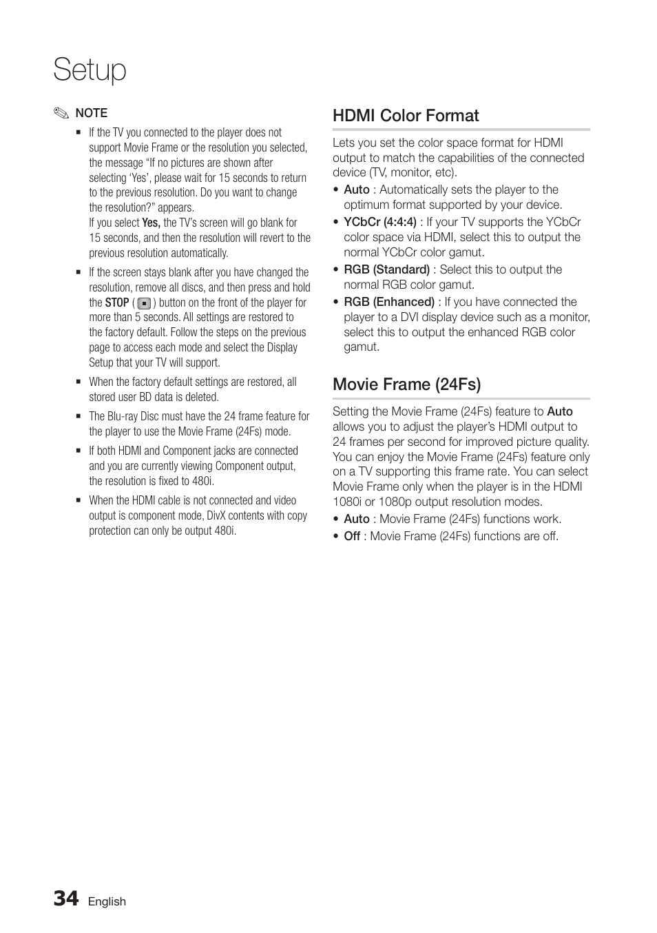 Hdmi color format, Movie frame (24fs), Setup | Samsung BD-D6700-ZA User Manual | Page 34 / 83
