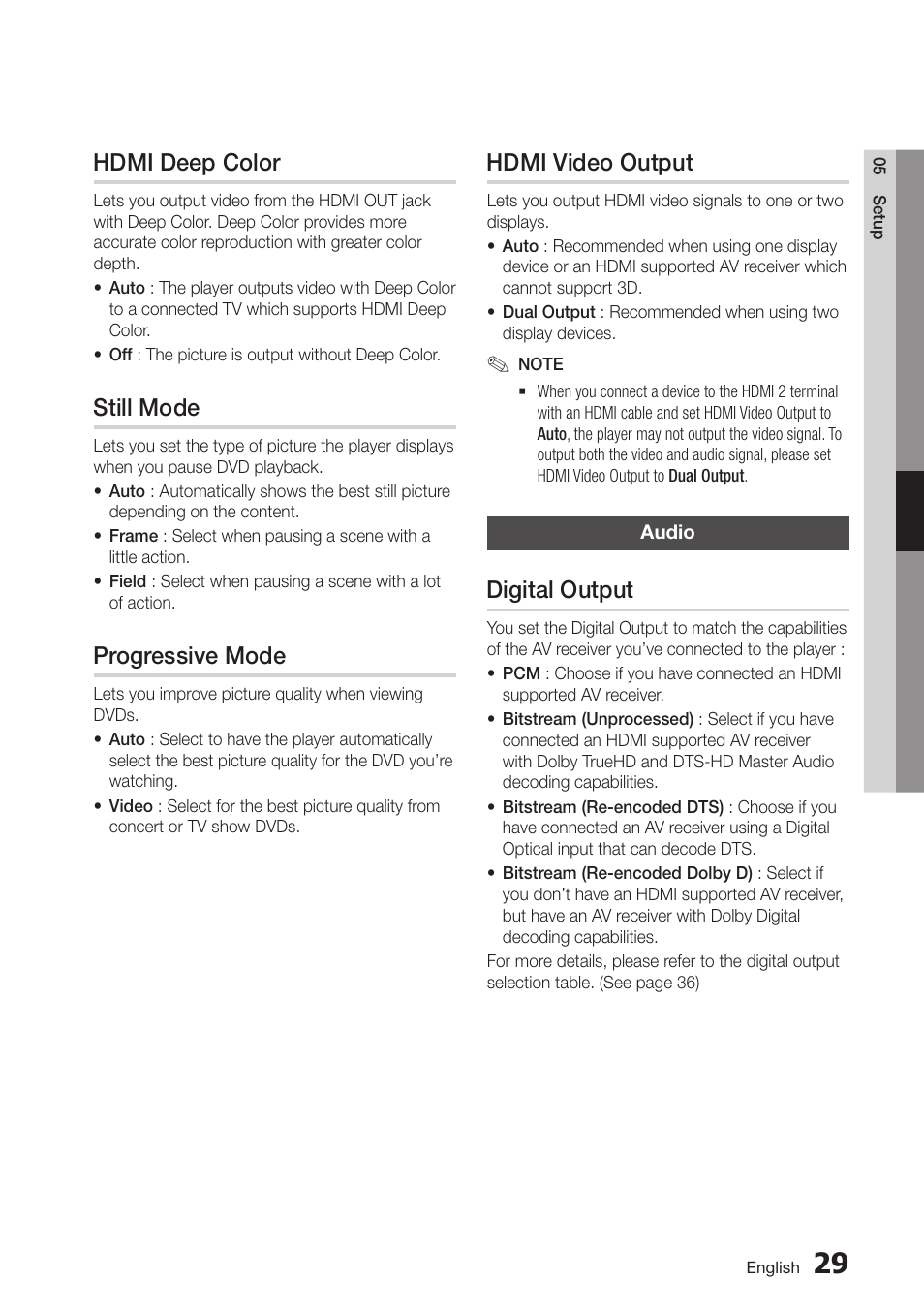 Hdmi deep color, Still mode, Progressive mode | Hdmi video output, Audio, Digital output, 35 audio | Samsung BD-D6700-ZA User Manual | Page 35 / 83