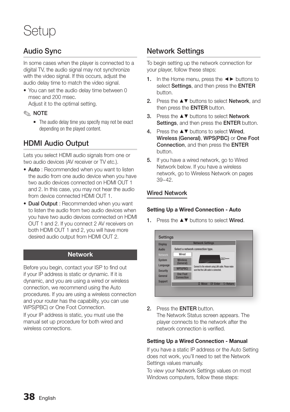 Audio sync, Hdmi audio output, Network | Network settings, 38 network, Setup | Samsung BD-D6700-ZA User Manual | Page 38 / 83
