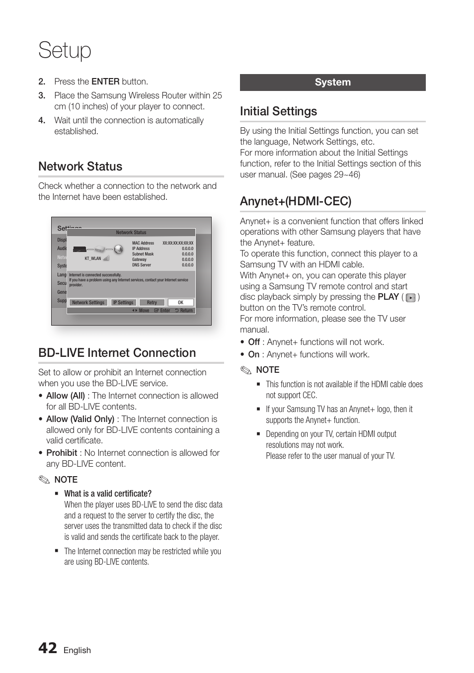 Network status, Bd-live internet connection, System | Initial settings, Anynet+(hdmi-cec), 42 system, 42 anynet+(hdmi-cec), Setup | Samsung BD-D6700-ZA User Manual | Page 42 / 83