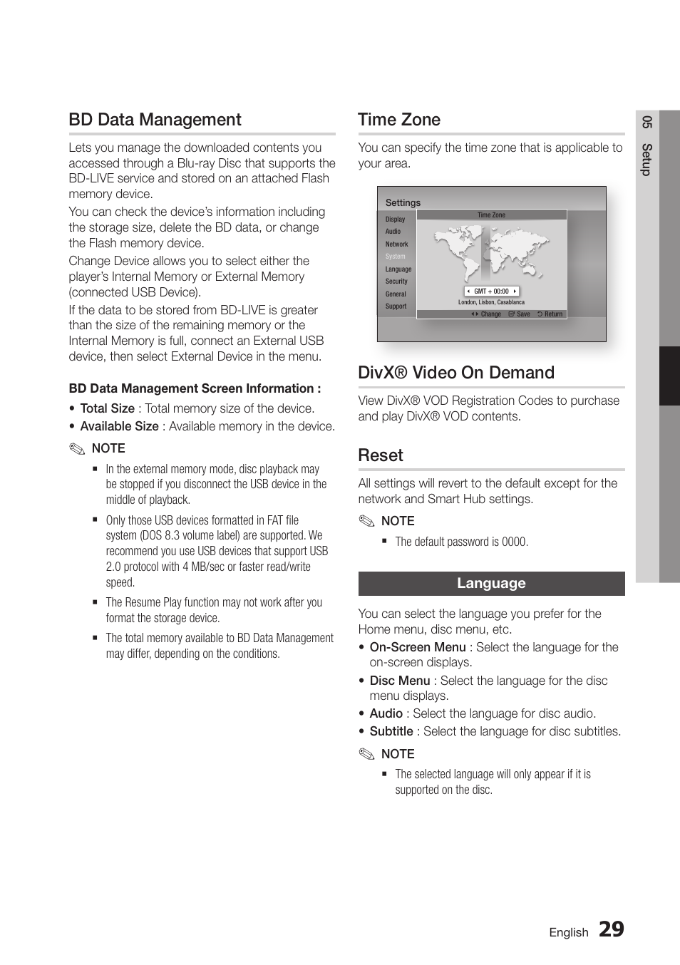 Bd data management, Time zone, Divx® video on demand | Reset, Language, 43 reset, 43 language | Samsung BD-D6700-ZA User Manual | Page 43 / 83