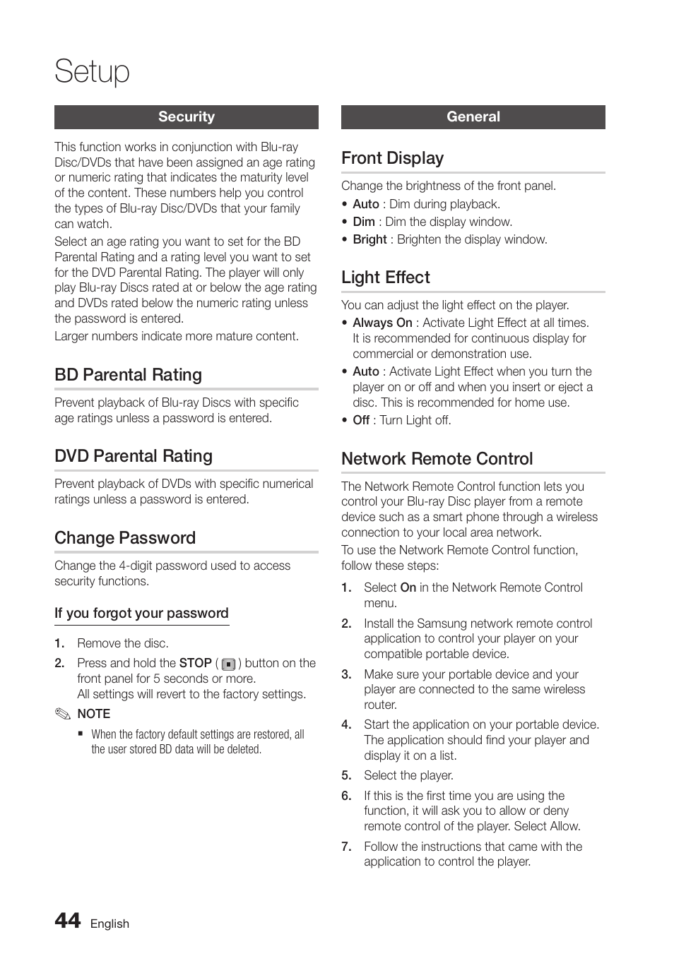 Security, Bd parental rating, Dvd parental rating | Change password, General, Front display, Light effect, Network remote control, 44 security, 44 general | Samsung BD-D6700-ZA User Manual | Page 44 / 83