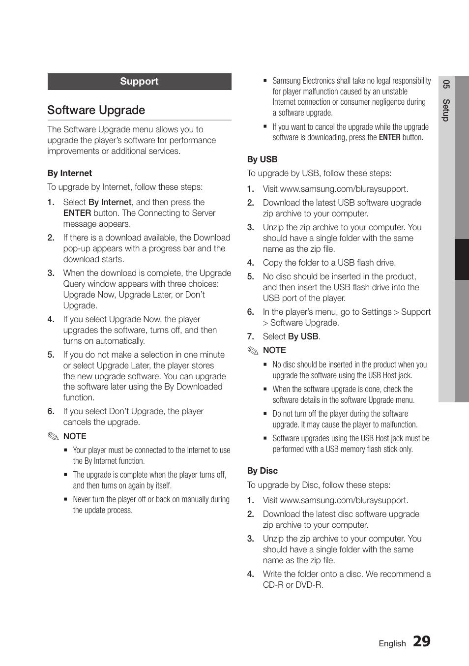 Support, Software upgrade, 45 support | Samsung BD-D6700-ZA User Manual | Page 45 / 83