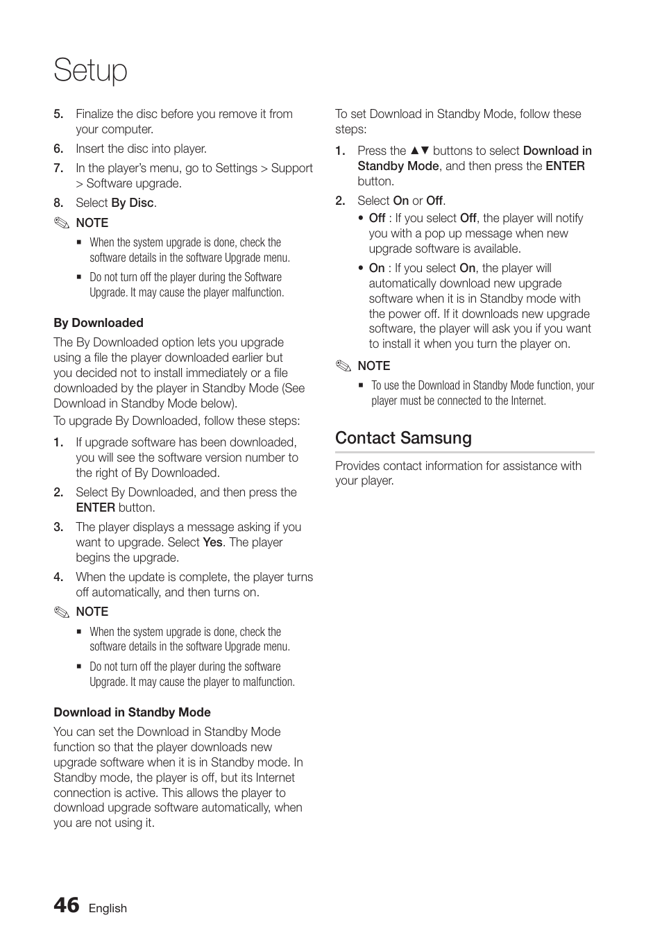 Contact samsung, Setup | Samsung BD-D6700-ZA User Manual | Page 46 / 83