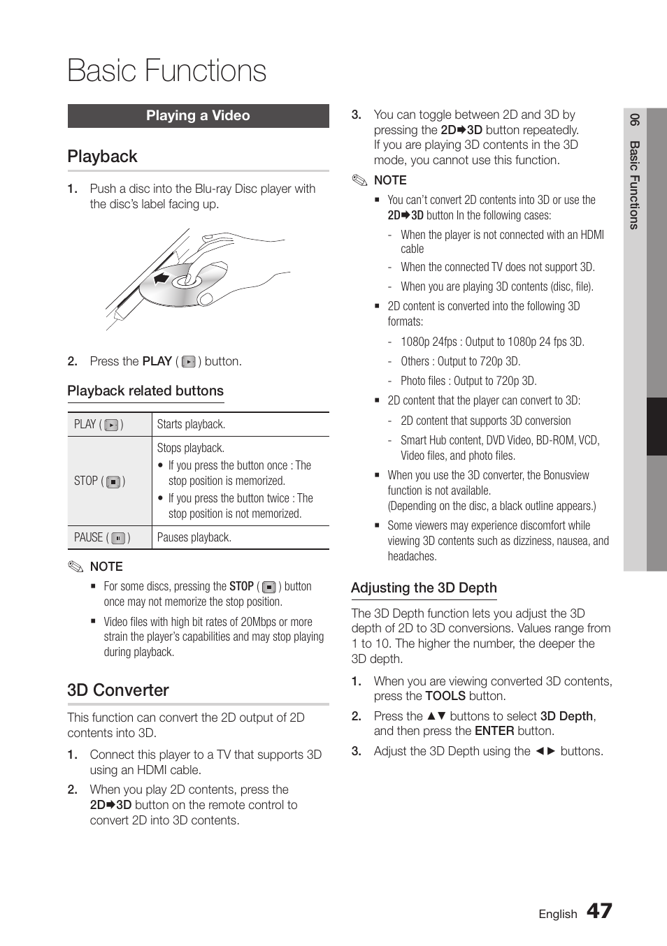 Basic functions, Playing a video, Playback | 3d converter, 47 playing a video, 47 playback | Samsung BD-D6700-ZA User Manual | Page 47 / 83