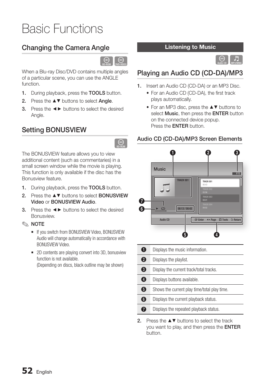 Changing the camera angle, Setting bonusview, Listening to music | Playing an audio cd (cd-da)/mp3, 52 listening to music, Basic functions | Samsung BD-D6700-ZA User Manual | Page 52 / 83
