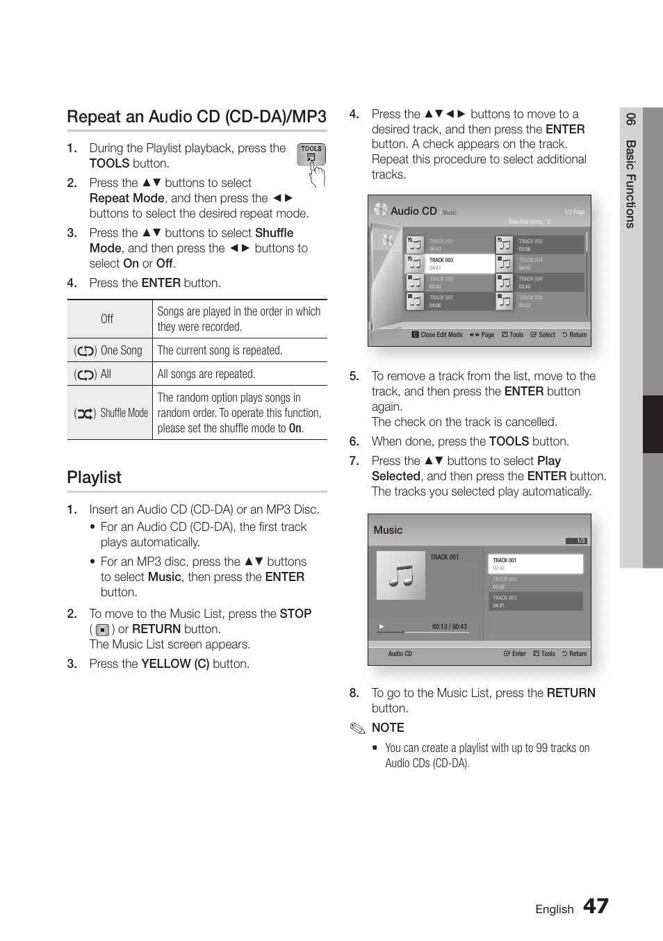 Repeat an audio cd (cd-da)/mp3, Playlist, 53 playlist | Samsung BD-D6700-ZA User Manual | Page 53 / 83