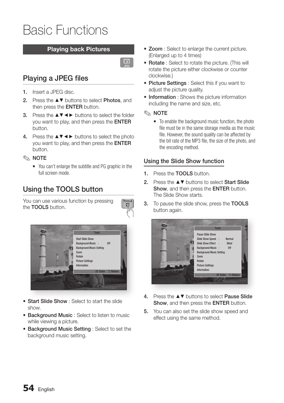 Playing back pictures, Playing a jpeg files, Using the tools button | 54 playing back pictures, Basic functions | Samsung BD-D6700-ZA User Manual | Page 54 / 83