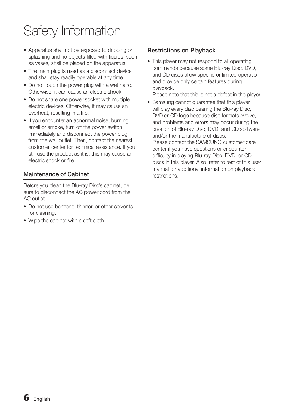 Safety information | Samsung BD-D6700-ZA User Manual | Page 6 / 83