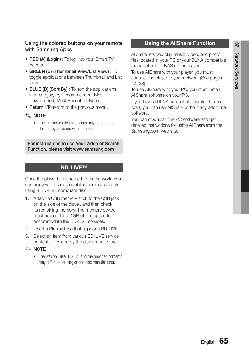 Bd-live, Using the allshare function, 65 bd-live | 65 using the allshare function | Samsung BD-D6700-ZA User Manual | Page 65 / 83