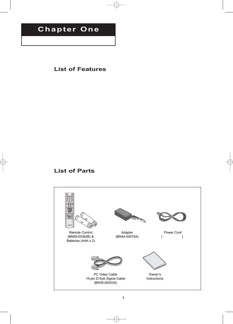 Chapter 1: your new tv, List of features, List of parts | Samsung LTP1795WX-XAA User Manual | Page 10 / 68