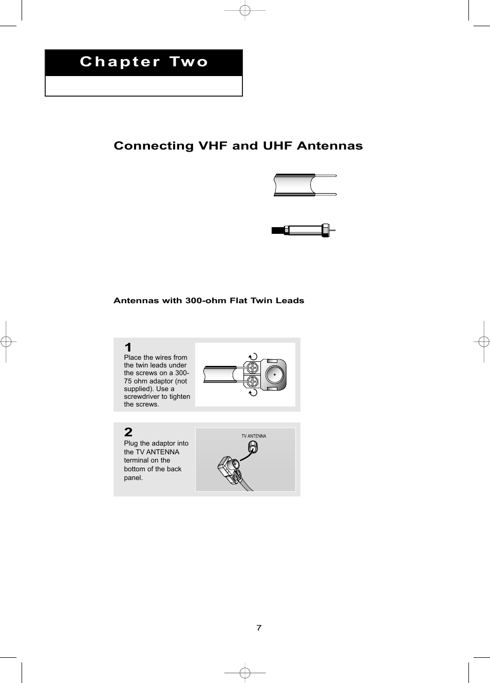 Chapter 2: installation, Connecting vhf and uhf antennas, Antennas with 300-ohm flat twin leads | Samsung LTP1795WX-XAA User Manual | Page 16 / 68