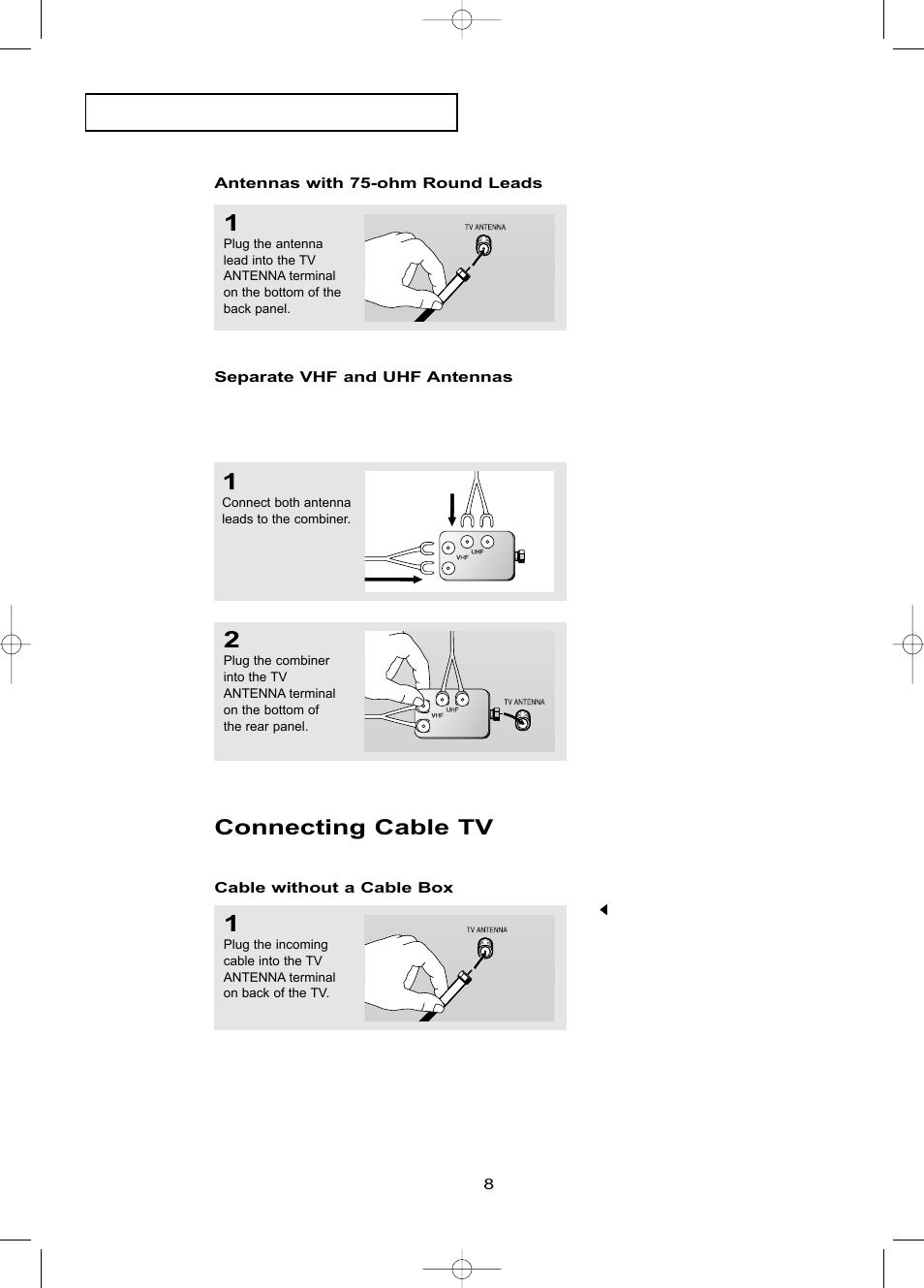 Antennas with 75-ohm round leads, Separate vhf and uhf antennas, Connecting cable tv | Cable without a cable box | Samsung LTP1795WX-XAA User Manual | Page 17 / 68