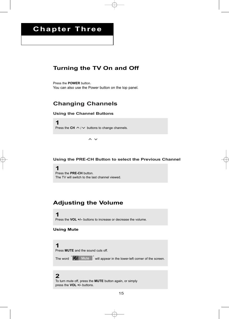 Chapter 3: special features, Turning the tv on and off, Changing channels | Adjusting the volume | Samsung LTP1795WX-XAA User Manual | Page 24 / 68