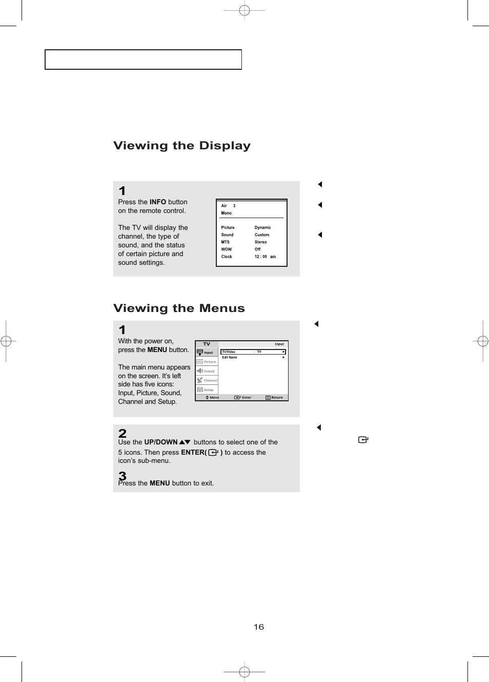 Viewing the displays, Viewing the menus, Viewing the display | Samsung LTP1795WX-XAA User Manual | Page 25 / 68