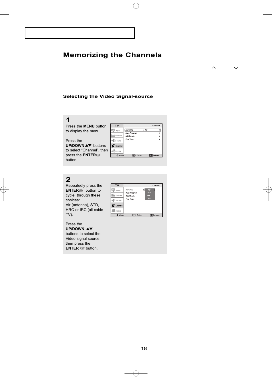 Memorizing the channels, Selecting the video signal-source | Samsung LTP1795WX-XAA User Manual | Page 27 / 68