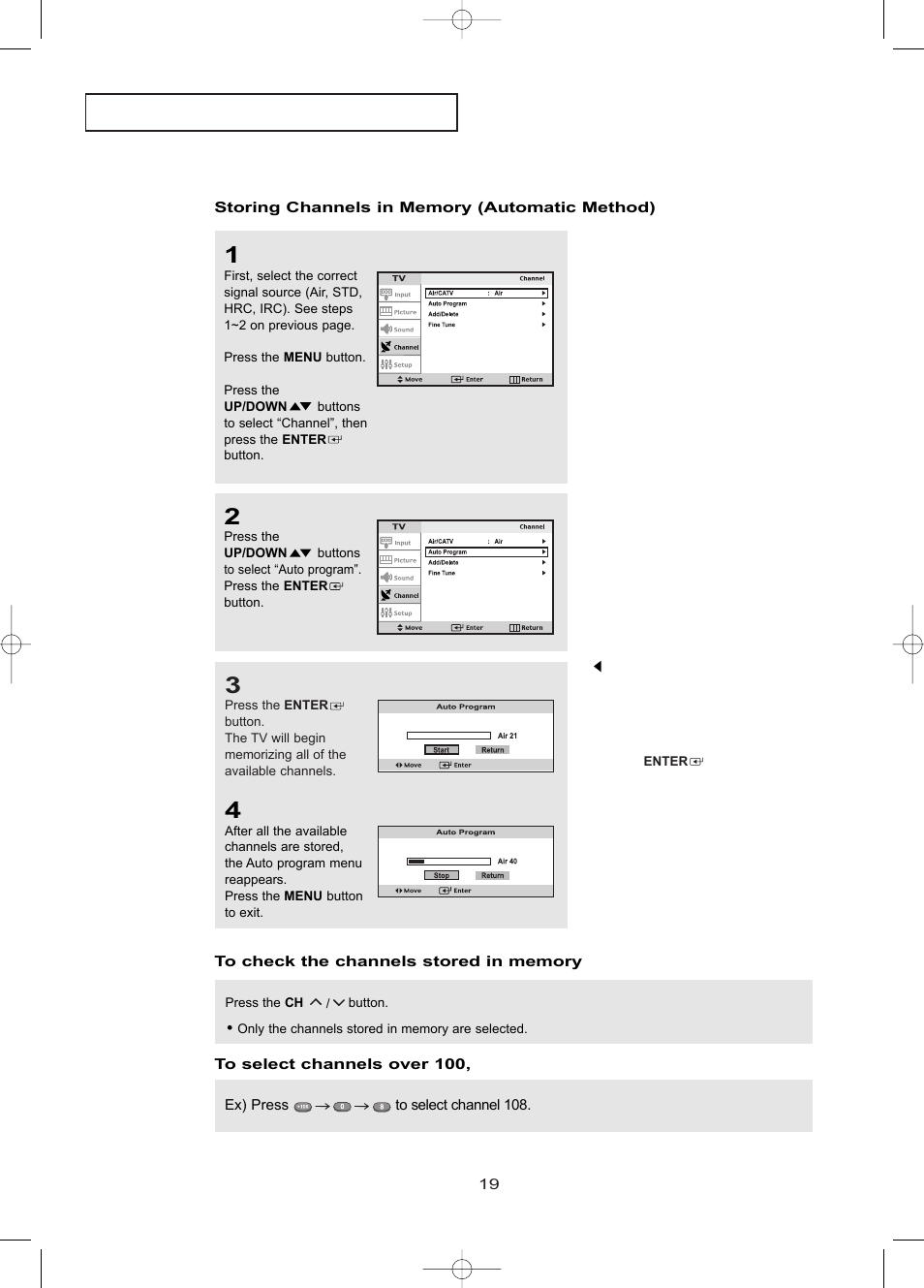 Storing channels in memory (automatic method), To check the channels stored in memory, To select channels over 100 | Samsung LTP1795WX-XAA User Manual | Page 28 / 68