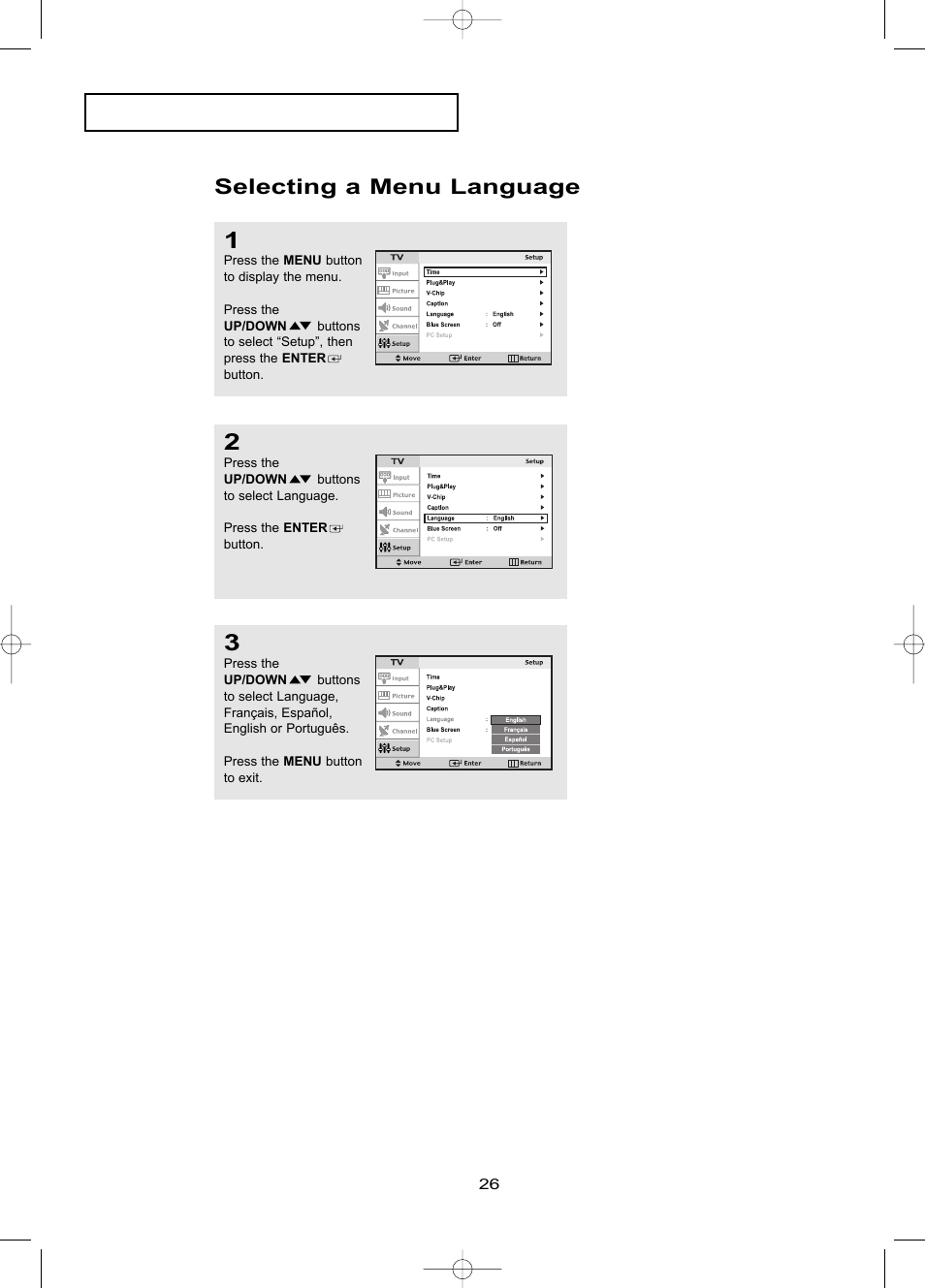 Selecting a menu language | Samsung LTP1795WX-XAA User Manual | Page 35 / 68