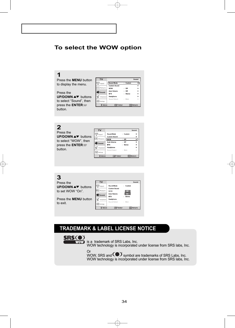 To select the wow option, Trademark & label license notice | Samsung LTP1795WX-XAA User Manual | Page 43 / 68