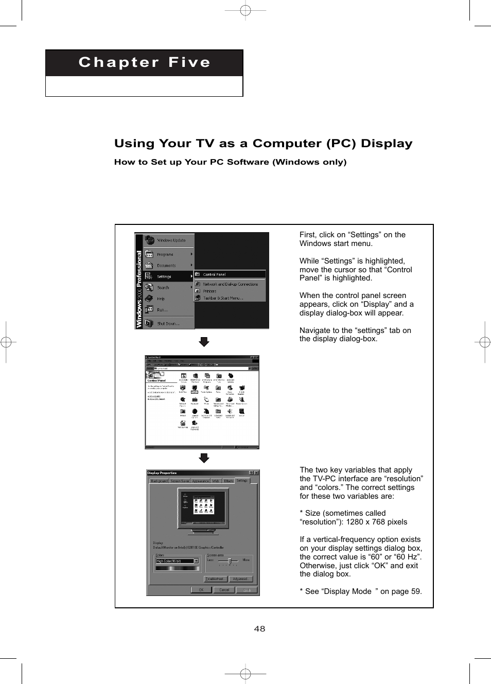 Chapter 5: pc display, Using your tv as a computer (pc) display, How to set up your pc software (windows only) | P c d | Samsung LTP1795WX-XAA User Manual | Page 57 / 68