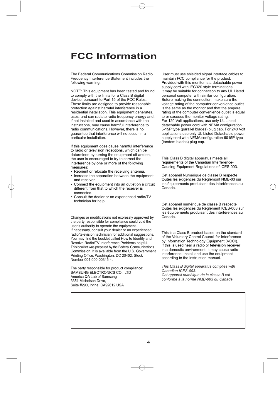 Fcc information, User instructions, User information | Warning, Ic compliance notice, Notice de conformité ic, Vcci | Samsung LTP1795WX-XAA User Manual | Page 7 / 68