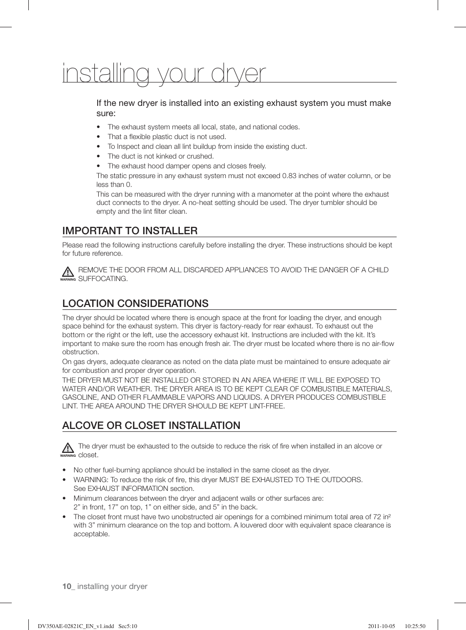 Installing your dryer, Important to installer, Location considerations | Alcove or closet installation | Samsung DV350AGP-XAA User Manual | Page 10 / 120