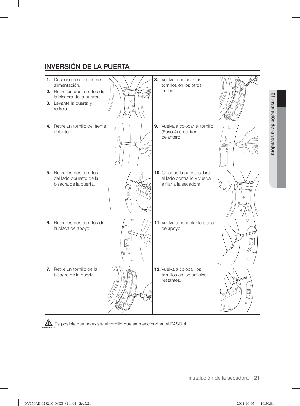 Inversión de la puerta | Samsung DV350AGP-XAA User Manual | Page 101 / 120