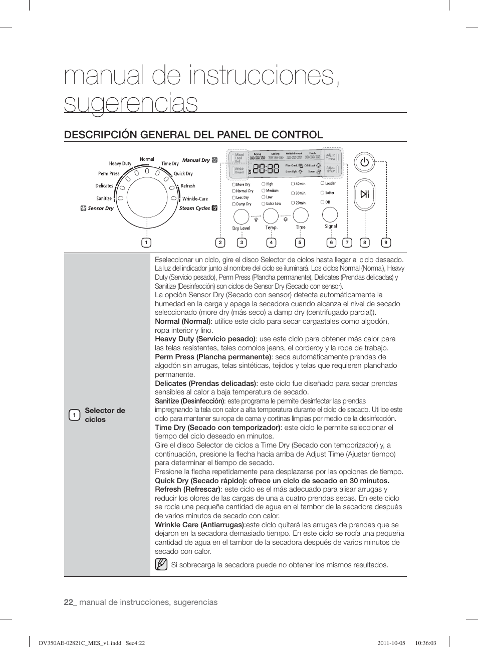 Manual de instrucciones, sugerencias, Descripción general del panel de control | Samsung DV350AGP-XAA User Manual | Page 102 / 120