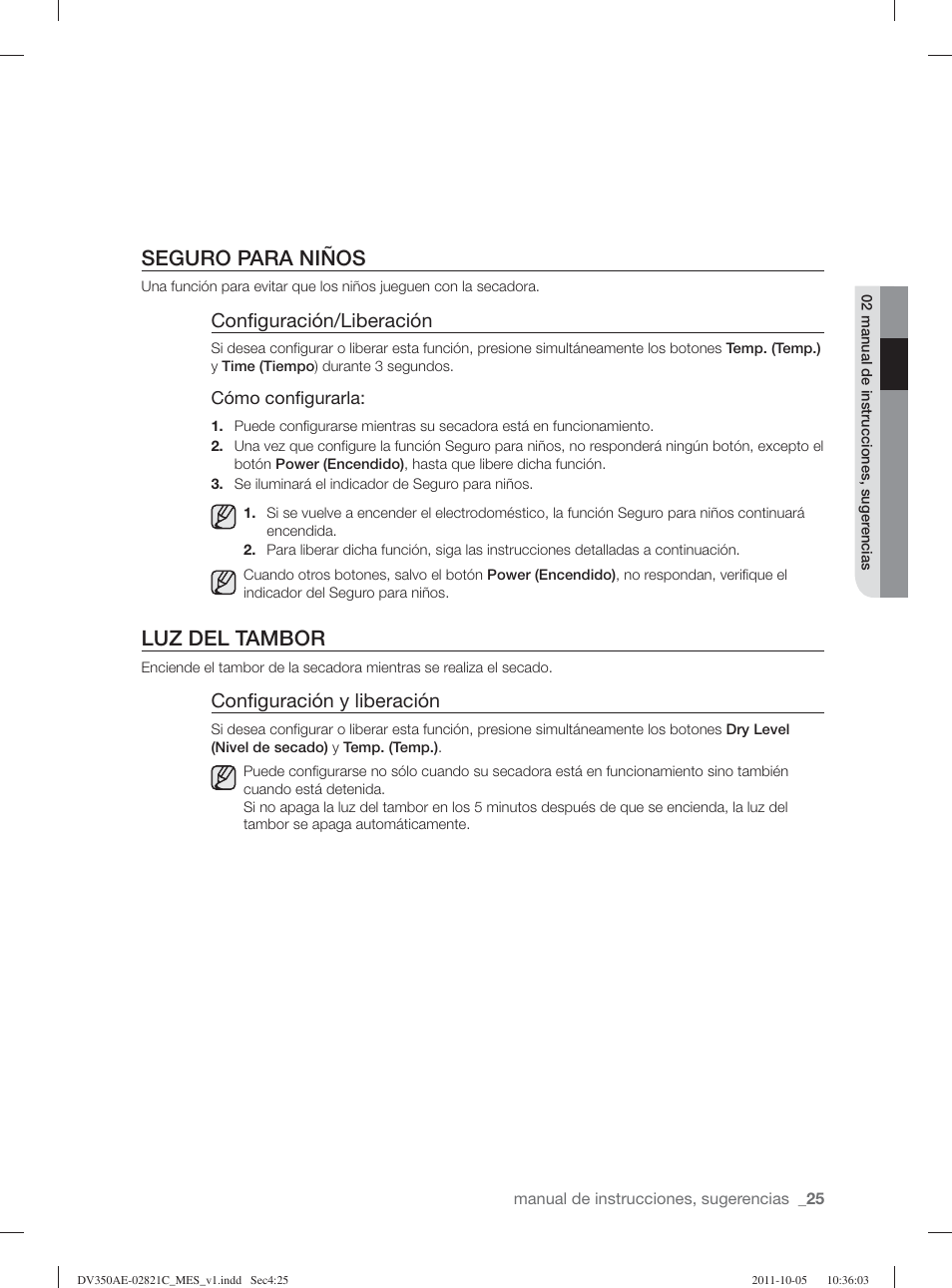 Seguro para niños, Luz del tambor, Configuración/liberación | Configuración y liberación | Samsung DV350AGP-XAA User Manual | Page 105 / 120