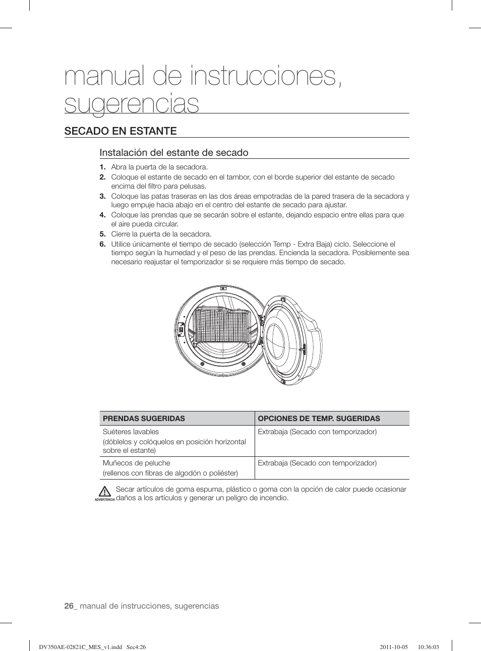 Manual de instrucciones, sugerencias, Secado en estante, Instalación del estante de secado | Samsung DV350AGP-XAA User Manual | Page 106 / 120