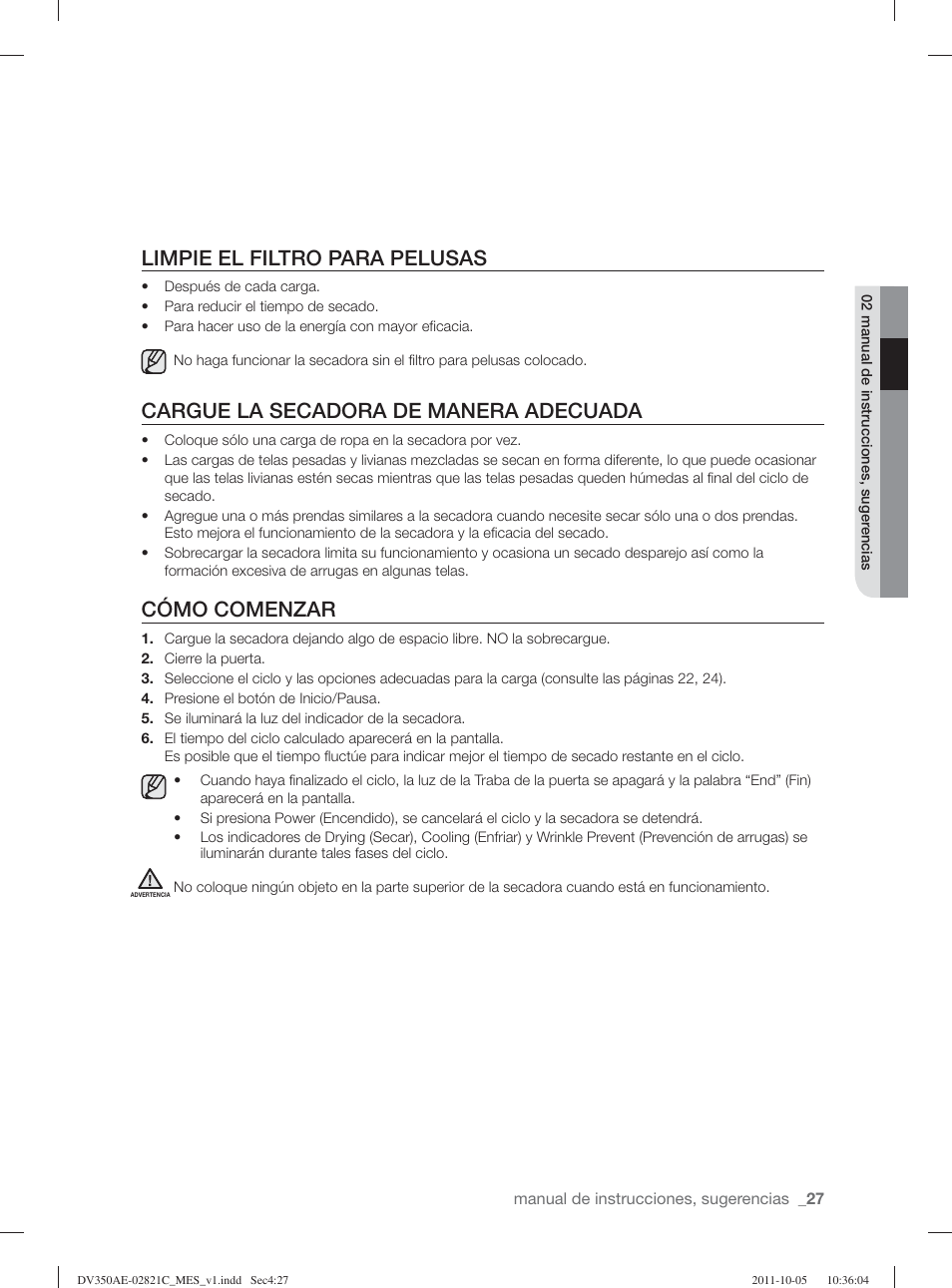 Limpie el filtro para pelusas, Cargue la secadora de manera adecuada, Cómo comenzar | Samsung DV350AGP-XAA User Manual | Page 107 / 120