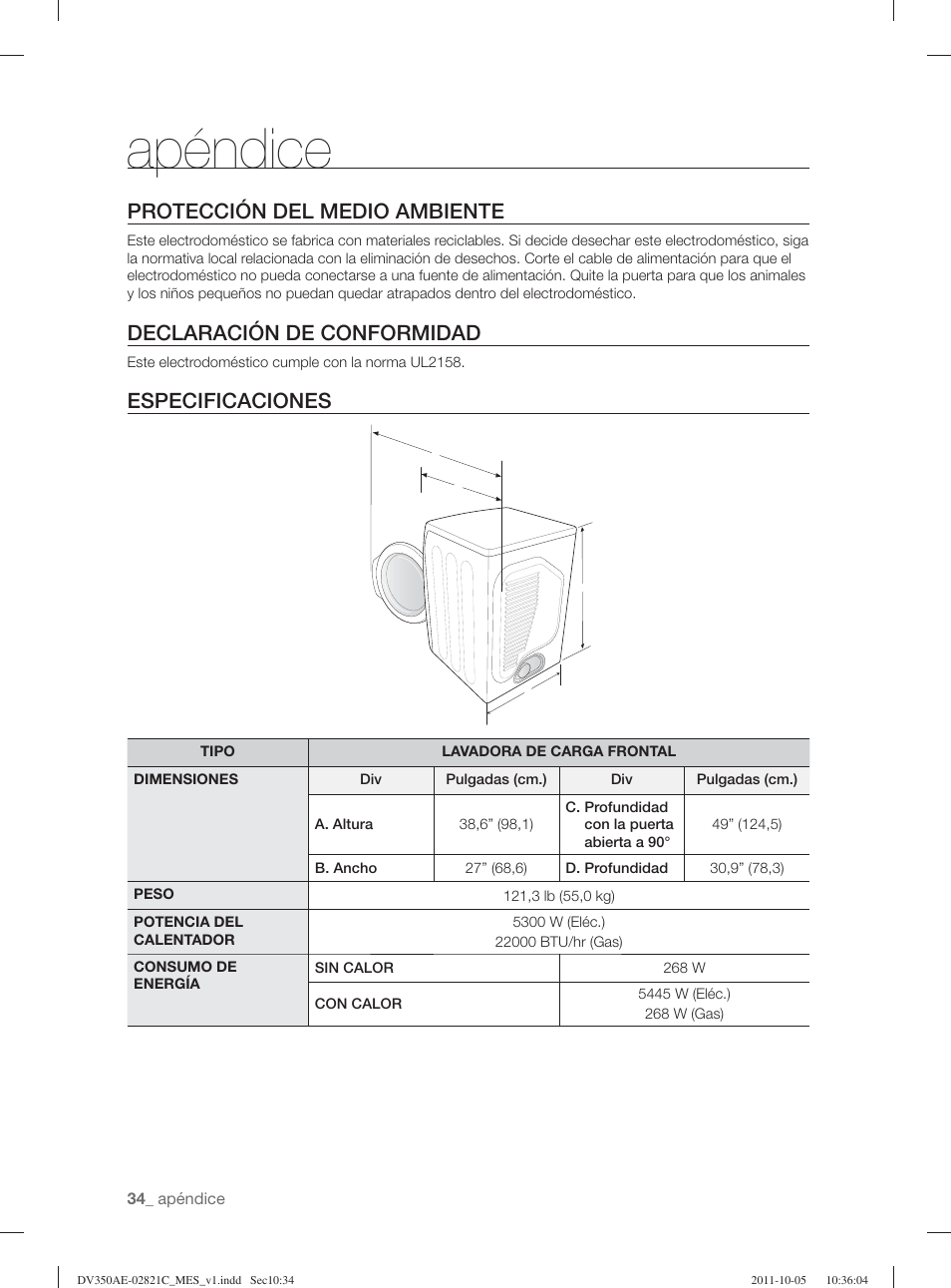 Apéndice, Protección del medio ambiente, Declaración de conformidad | Especificaciones | Samsung DV350AGP-XAA User Manual | Page 114 / 120