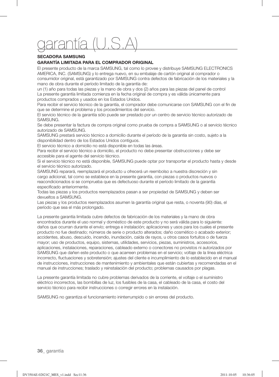 Garantía (u.s.a) | Samsung DV350AGP-XAA User Manual | Page 116 / 120