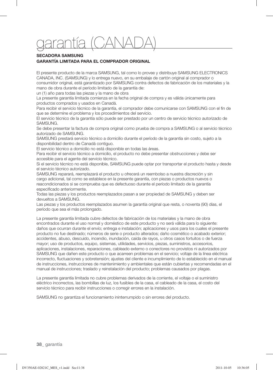 Garantía (canada) | Samsung DV350AGP-XAA User Manual | Page 118 / 120