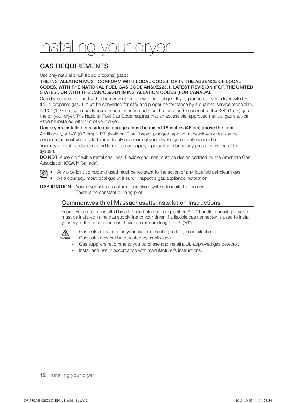 Installing your dryer, Gas requirements | Samsung DV350AGP-XAA User Manual | Page 12 / 120